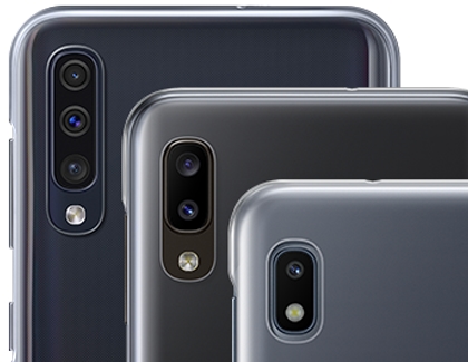 Galaxy A phones in a row, showing the different cameras