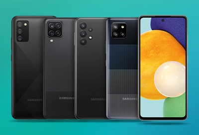 Different Galaxy A series phones lined up next to each other