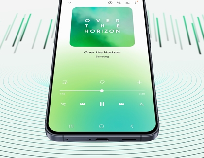 A Galaxy A series phone screen playing the song Over the Horizon on a green music player interface with audio wave graphics in the background.