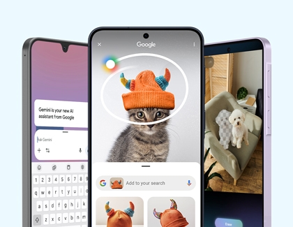 Three Galaxy A series phones showing various AI features including Gemini, Circle to Search with a cat, and Generative Edit with a dog.