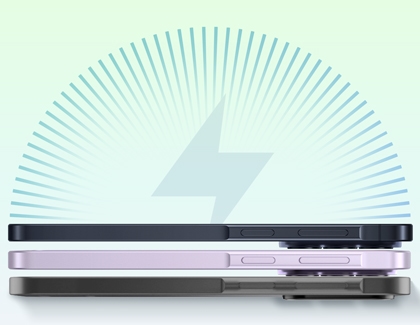 Three Galaxy A series phones stacked horizontally from a side view with a large lightning bolt icon and radiating lines in the background.