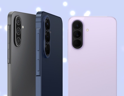 The rear view of three Galaxy A series phones in gray, dark blue, and light purple, featuring their vertical triple camera arrays.