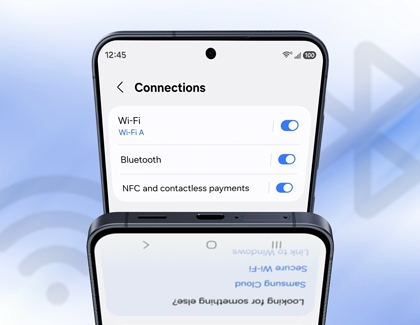 A Galaxy A series phone screen showing the Connections settings with Wi-Fi, Bluetooth, and NFC options all toggled on.
