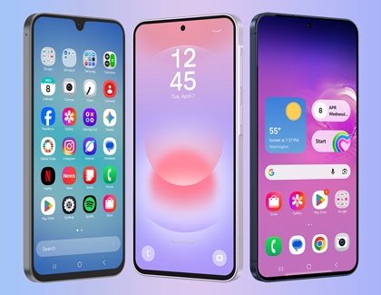 The front displays of the Galaxy A17, Galaxy A37, and Galaxy A57 showing a home screen, a lock scre