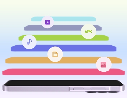 A Galaxy A series phone shown from the side with various colored layers and icons for video, APK, music, documents, and photos floating above it.