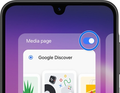 Toggling Google Discover media page highlighted on Samsung Galaxy A26 5G home screen.
