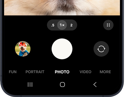 A close-up of the Galaxy A series camera interface showing various modes like Fun, Portrait, Photo, and Video, with zoom options and a gallery shortcut.
