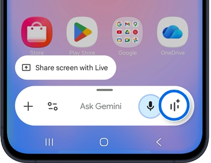 A Galaxy A series phone screen showing the Ask Gemini panel with the Gemini Live icon highlighted in a blue circle.