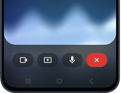 A Galaxy A series phone screen showing Gemini Live controls including camera, screen share, microphone, and a red end call button.