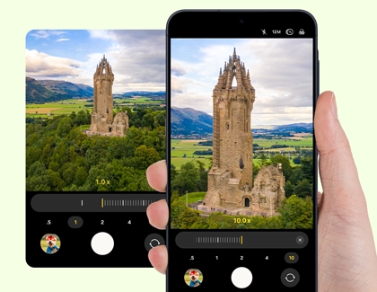 Two screens of a Galaxy A series phone showing the camera app zoom function from a 1.0x wide view to a 10.0x zoomed view of a stone tower.