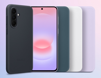 A Galaxy A37 showing its front display surrounded by silicone cases in black, dark green, white, and light purple.