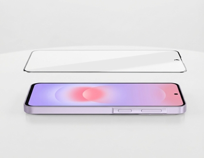 A purple Galaxy A37 lying flat on a white surface with a glass screen protector hovering directly above its display.