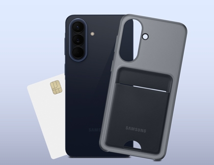 A dark blue Galaxy A57 shown from the back next to a gray card slot case and a white credit card.