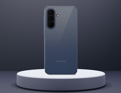 A Galaxy A57 in a clear case standing upright on a white circular podium against a dark gray background.