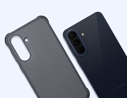 The back of a dark blue Galaxy A57 shown next to a gray rugged case with a vertical striped texture.