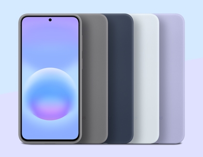A Galaxy A57 showing its front display next to four silicone cases in gray, dark blue, light blue, and purple.