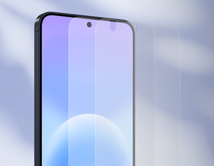 A dark blue Galaxy A57 with three transparent screen protectors hovering in front of the display.