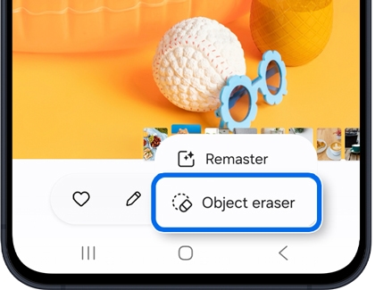A Galaxy A series phone showing a photo of a ball and sunglasses with the Object eraser option highlighted in a blue box.