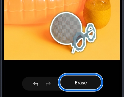 A Galaxy A series phone screen showing an object in a photo selected for removal with the Erase button highlighted in a blue circle.