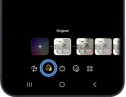 A Galaxy A series phone screen showing the photo editor with the filters icon in the bottom menu highlighted in a blue circle.