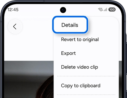 A Galaxy A57 5G showing a photo menu with the Details option highlighted in a blue box.