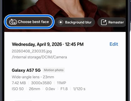 A Galaxy A57 5G showing photo details with the Choose best face option highlighted in a blue box.