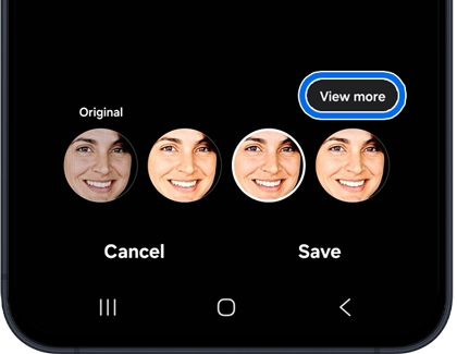 A Galaxy A57 5G screen showing different facial expressions from a motion photo with the View more button highlighted in a blue box.