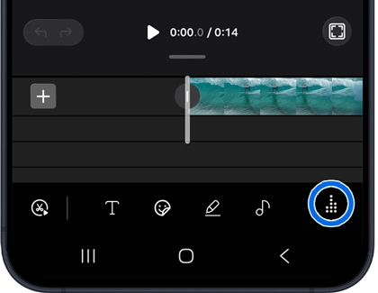 A Galaxy A57 5G screen showing a video editing timeline with the movie magic icon highlighted in a blue circle.