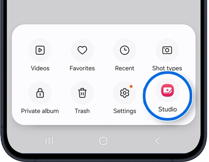 A Galaxy A57 5G screen showing gallery options with the Studio icon highlighted in a blue circle.