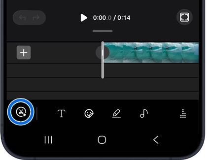 A Galaxy A57 5G screen showing a video editing timeline with the clip edit icon highlighted in a blue circle.