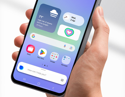 Galaxy A36 in hand showing the home screen with weather, date, and app icons, with Bixby Voice activated at the bottom.