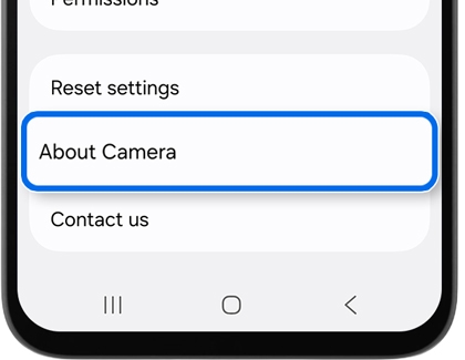 Close up of a phone screen with the About Camera option highlighted by a blue rounded border.