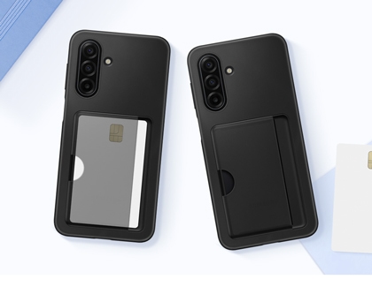 Two black Galaxy A17 5G phones in card slot cases showing a credit card inside the rear pocket.