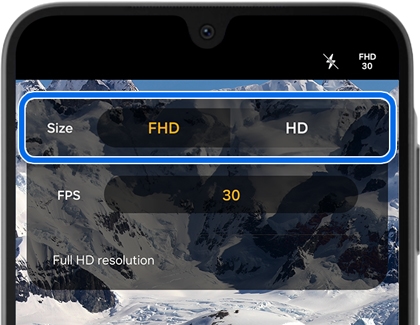 Camera menu overlay with the FHD video size option selected inside a blue rectangular highlight.