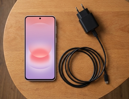 A purple Galaxy A series phone lying on a wooden table next to a black wall charger and a coiled USB C cable.