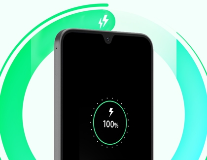 Top of a Galaxy A17 with a charging icon and one hundred percent text inside a green circle.