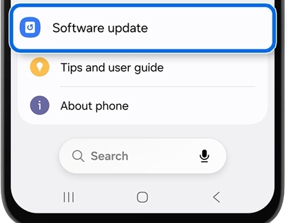 A Galaxy A17 settings screen with the Software update option highlighted in a blue box.