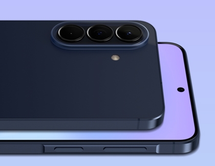 A side-by-side view of a dark blue Galaxy A57 highlighting the rear triple camera lenses and the front selfie camera.