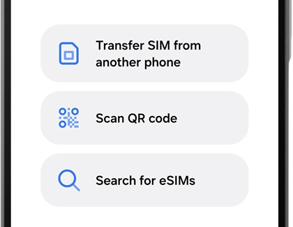 Setup screen with options to Transfer SIM from another phone or Scan QR code or Search for eSIMs.