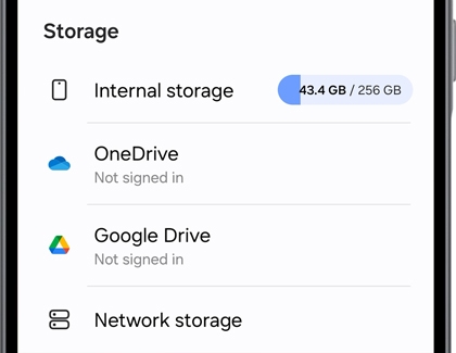 Storage settings screen on a Galaxy A56 showing internal storage usage and options for OneDrive, Google Drive, and network storage.