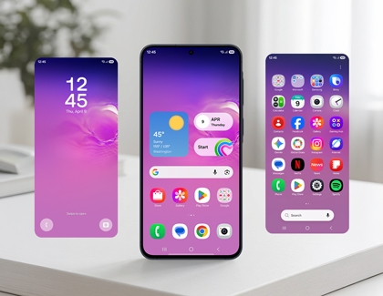 Three views of a Galaxy A series display showing the lock screen, the home screen with widgets, and the app drawer featuring the camera icon.