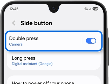 Side button settings menu with the double press camera toggle highlighted by a blue border.