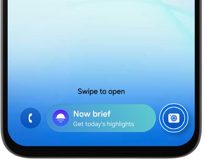 Phone lock screen with a blue circle highlighting the camera shortcut icon in the bottom corner.