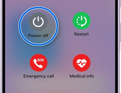 A Galaxy A series phone screen showing the power menu with the Power off icon highlighted in a blue circle.