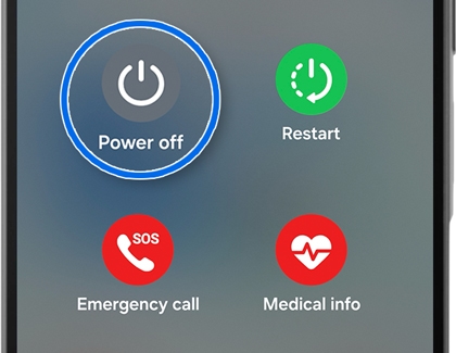 Phone screen showing a Power off icon highlighted by a blue circle next to a Restart icon.