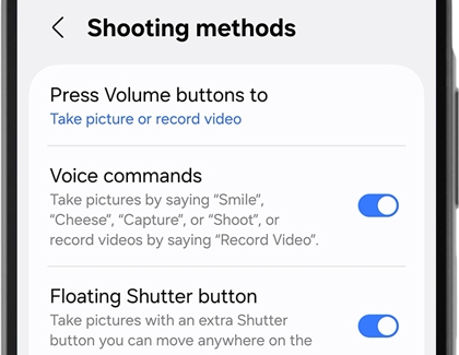 Shooting methods menu showing the Press Volume buttons to, Voice commands, and Floating Shutter button options.