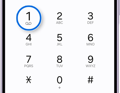 A Galaxy A series phone screen showing the phone dialer with the number 1 key and voicemail icon highlighted in a blue circle.