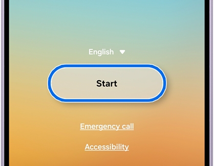 A Galaxy A series phone screen showing the welcome page with the Start button highlighted in a blue circle.