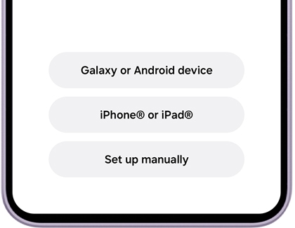 A Galaxy A series phone screen showing options to set up using a Galaxy or Android device, iPhone or iPad, or to set up manually.
