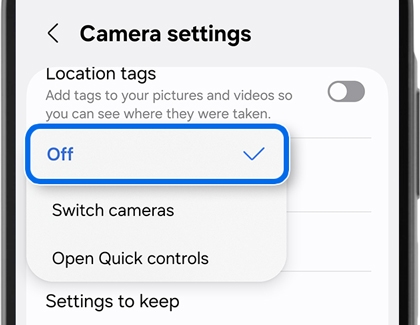 Camera settings dropdown menu with the Off option selected and highlighted by a blue border.
